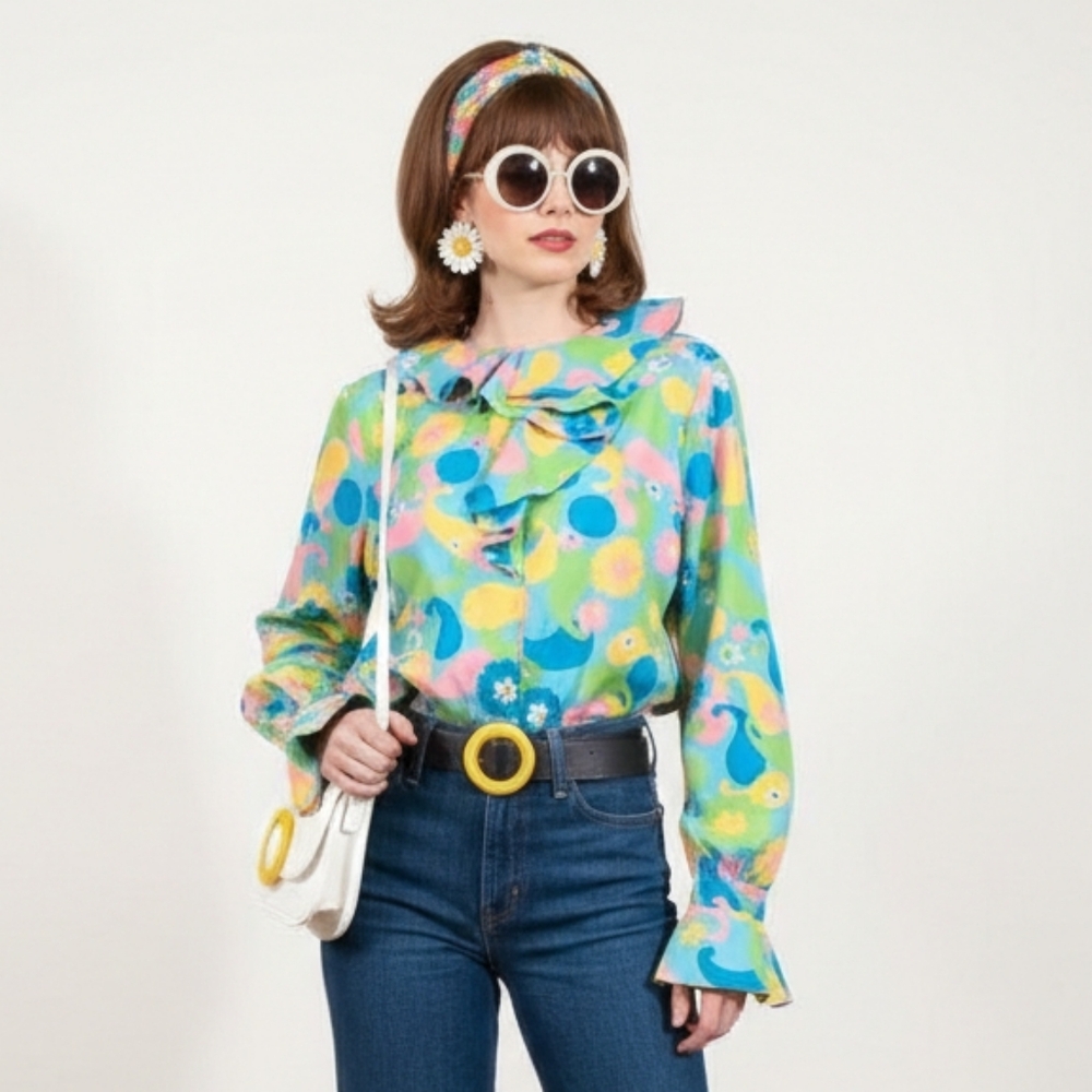 Vtg Bright Floral Ruffle Blouse